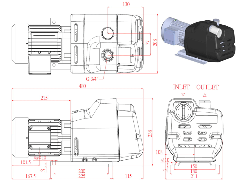 MAC-H ROTARY VANE MINI DRY VACUUM PUMP / COMPRESSOR DIMENSION